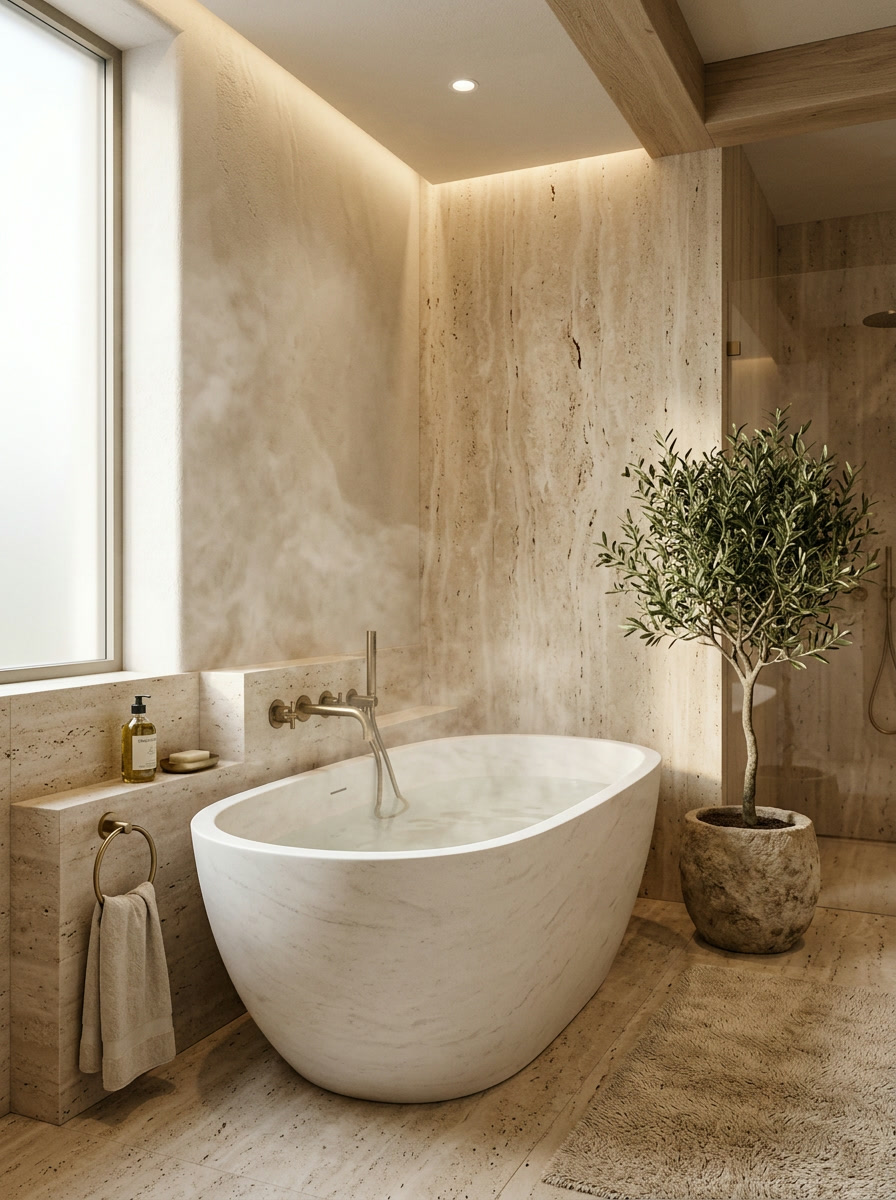 Spa bathroom with freestanding stone tub