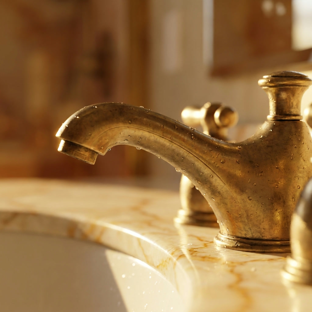 Brass faucet detail on marble