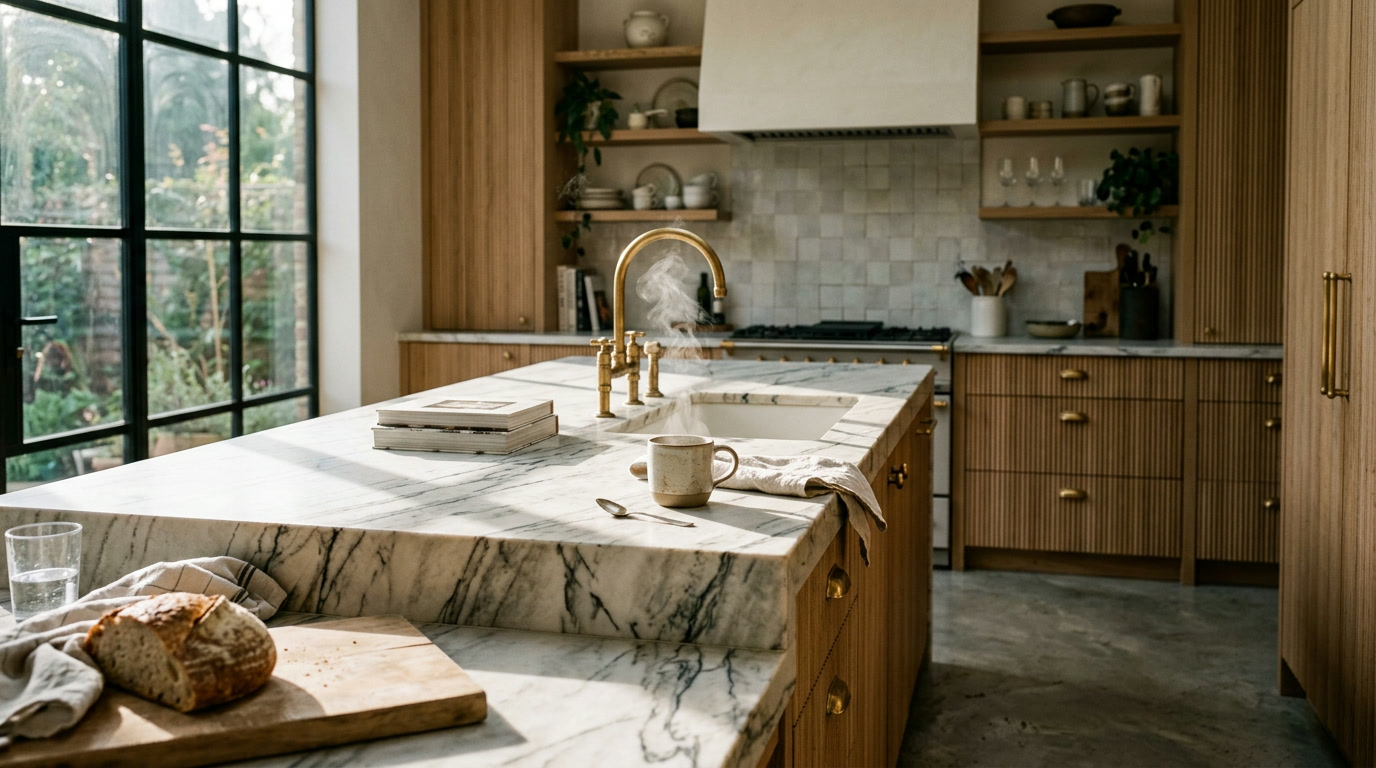 Luxury kitchen with marble island and brass fixtures